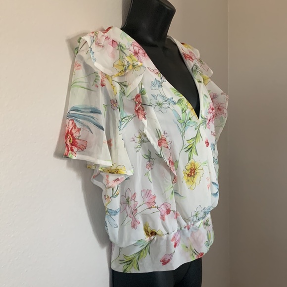 Code Mode White Watercolor Floral Print Ruffle Sleeve Criss Cross Back Shirt - Picture 3 of 8